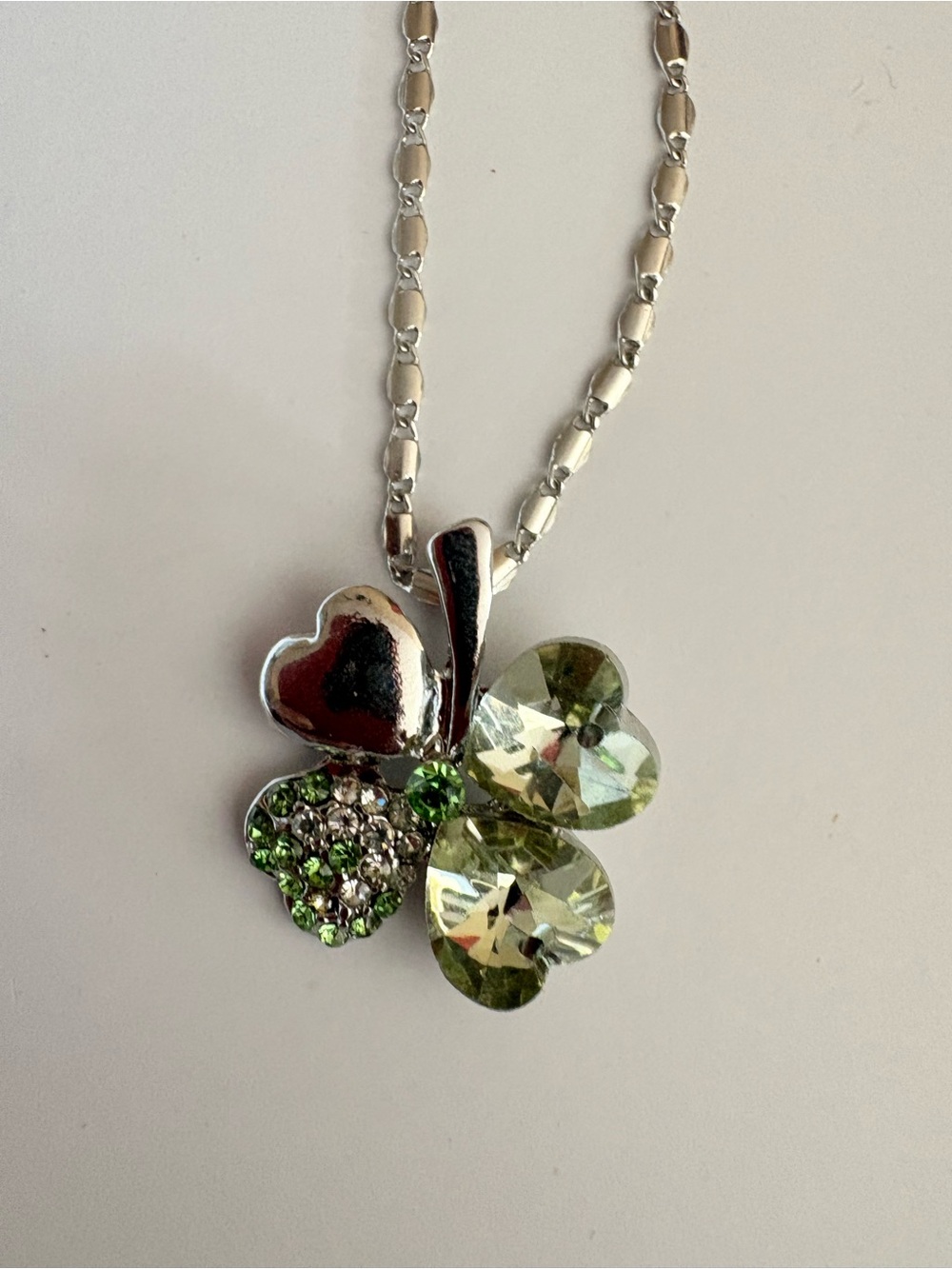 Silver  tone Four-Leaf Clover Pendant Necklace with Green Crystals